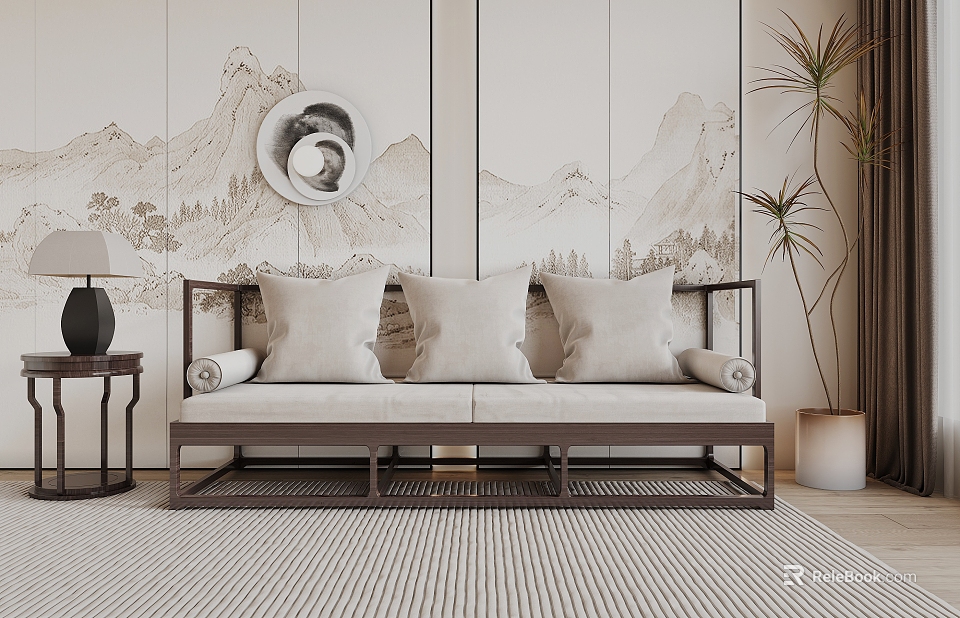 Modern Chinese Style Double Sofa With Beige Cushions Wooden Frame And Mountain Landscape Painting 3d model 