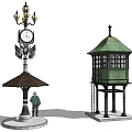 Different Types Of Roadside Facilities Including Clock Towers Street Lamps And Watchtowers