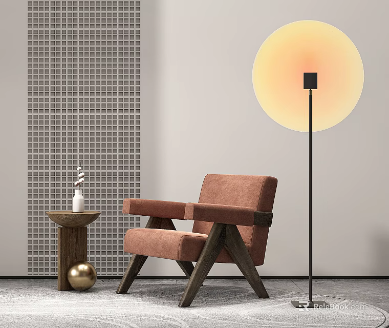 Modern Single Sofa With Brown Upholstery Wooden Frame Small Side Table Vase And Floor Lamp 3d model 