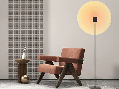 Modern Single Sofa With Brown Upholstery Wooden Frame Small Side Table Vase And Floor Lamp 3d model