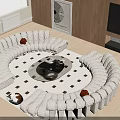 Modern Round Sofa and Coffee Table Set With Cozy Pillows Checkered Rug and Wooden TV Wall
