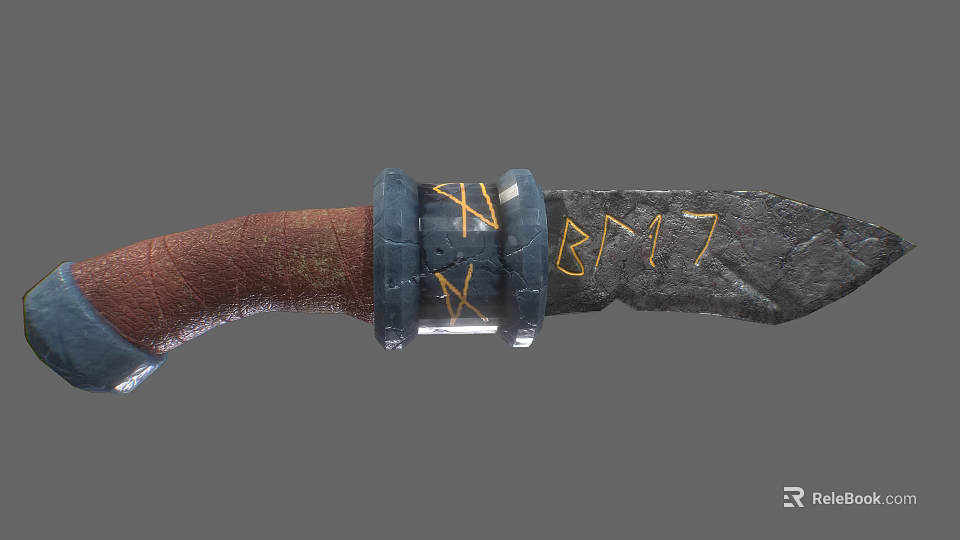 Ancient Knife With Leather Handle And Metal Scabbard Featuring Yellow Runes And B117 3d model 