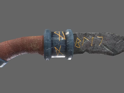 Ancient Knife With Leather Handle And Metal Scabbard Featuring Yellow Runes And B117 3d model
