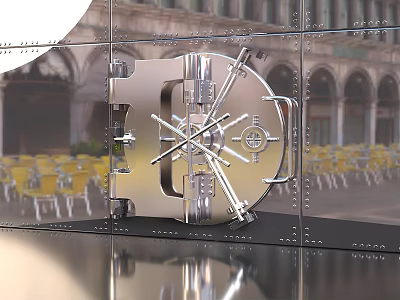Silver Metal Vault Door Installed On Riveted Metal Wall With Arched Building Background 3d model