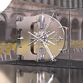 Silver Metal Vault Door Installed On Riveted Metal Wall With Arched Building Background