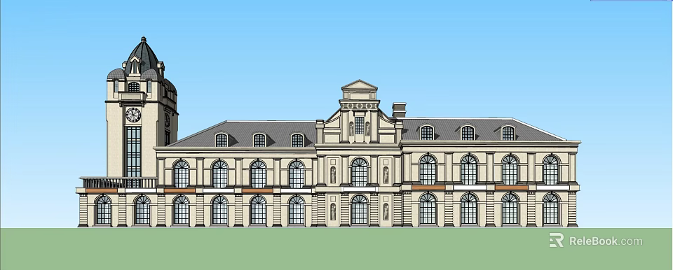 Classical Building Facade Featuring Symmetrical Design Arched Windows Ornate Gable And Tower 3d model