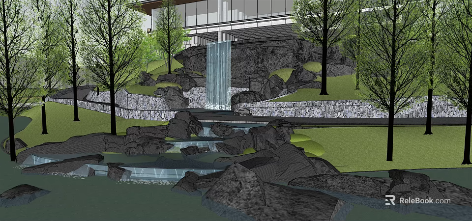 Tranquil Garden Feature With Waterfall Rocks Stream Green Trees And Lush Grass 3d model