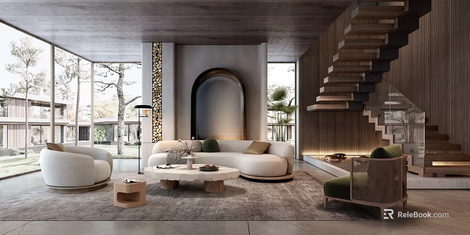 Modern Living Room Interior With Curved Sofa Round Coffee Table And Large Windows 3d model