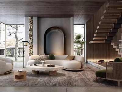 Modern Living Room Interior With Curved Sofa Round Coffee Table And Large Windows 3d model