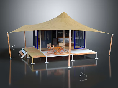Modern Beige Canopy Tent With Wooden Deck Transparent Glass Walls And Outdoor Furniture 3d model