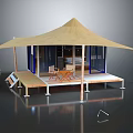 Modern Beige Canopy Tent With Wooden Deck Transparent Glass Walls And Outdoor Furniture