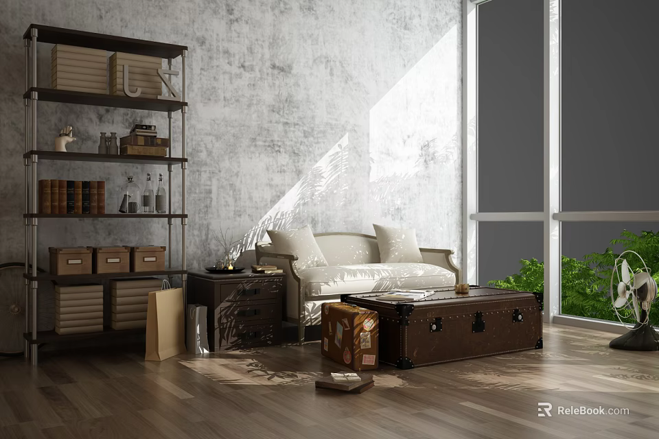 White Two Seater Sofa with Gray Wall Wooden Floor and Vintage Trunk Coffee Table 3d model 