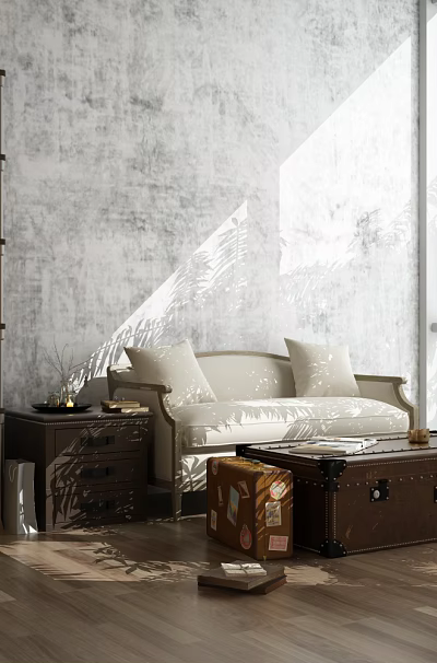 White Two Seater Sofa with Gray Wall Wooden Floor and Vintage Trunk Coffee Table 3d model