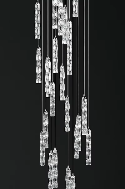 Transparent Glass Column Shaped Pendant Lights Hanging Against Black Background 3d model