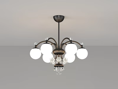 Elegant Black Metal Chandelier with White Globe Shades and Crystal Pendants 3d model