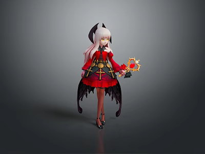 Game Movie Character With Pink Long Hair Black Horns Red Black Dress Black Wings And Golden Object 3d model