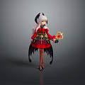 Game Movie Character With Pink Long Hair Black Horns Red Black Dress Black Wings And Golden Object