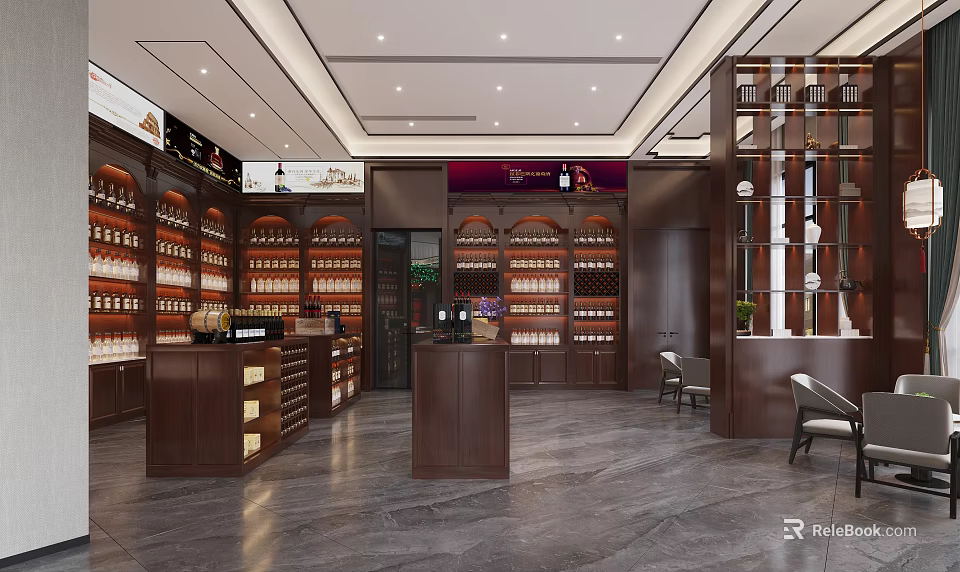 Modern Tobacco and Liquor Store Interior With Wooden Shelves Wine Displays Tobacco Products And Counter 3d model 