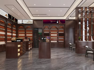 Modern Tobacco and Liquor Store Interior With Wooden Shelves Wine Displays Tobacco Products And Counter 3d model