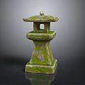 Traditional Stone Lantern Architecture With Moss Covered Surface And Pagoda Roof