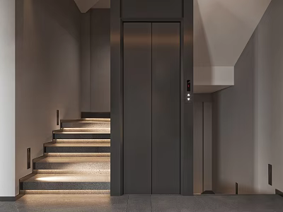 Minimalist Modern Stairs Interior Design With Elevator And Integrated Step Lighting 3d model