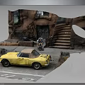 Yellow Convertible Car Parked On Street With Red Brick Building And Stairs