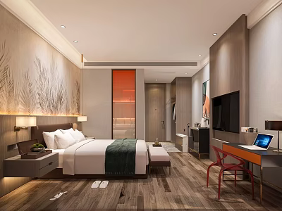 Hotel Guest Room With Comfortable Bed Nightstand TV Modern Decorative Wall And Wooden Floor 3d model