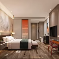 Hotel Guest Room With Comfortable Bed Nightstand TV Modern Decorative Wall And Wooden Floor