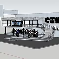 Various Motorcycle Models Displayed In Modern Showroom With Platforms And Lighting 3d model