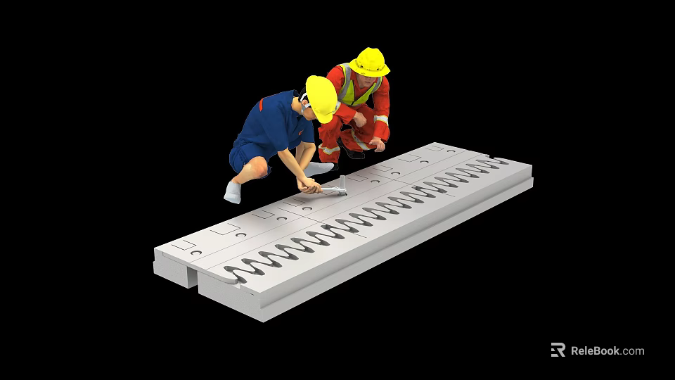 Two Construction Workers Wearing Yellow Hard Hats Working On Long White Component At Construction Site 3d model 