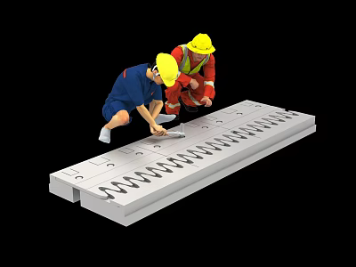 Two Construction Workers Wearing Yellow Hard Hats Working On Long White Component At Construction Site 3d model