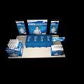 Display Shelves With Blue Tablecloth Product Boxes And Background Advertising Boards