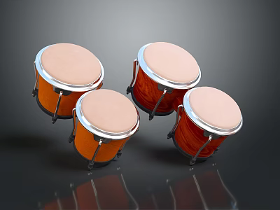 Orange Musical Drums Set of Three with Wooden Shell Metal Rims and Light Colored Heads 3d model