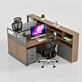 Wooden And Metal Office Desk Setup With Ergonomic Chairs Computer Monitor And Potted Plant