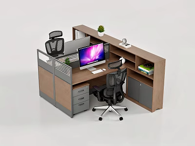 Wooden And Metal Office Desk Setup With Ergonomic Chairs Computer Monitor And Potted Plant 3d model