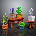 Minecraft Style Potted Plants With Various Types On Wooden Tables And Blocky Design 3d model