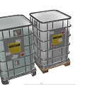 Industrial Storage Tanks in Industrial Facility Featuring Gray Plastic Warning Labels Red Valves on Pallets