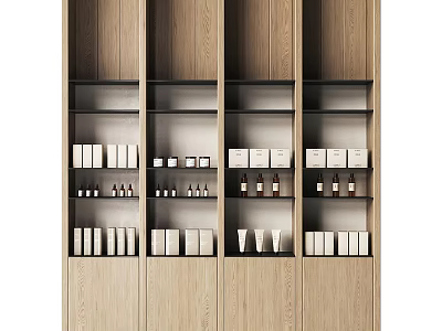 Modern Wooden Display Shelves with Multiple Tiers Holding White Boxes and Small Bottles 3d model