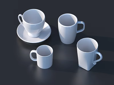 White Ceramic Cups Set Of Four With Saucer Various Shapes On Dark Background 3d model