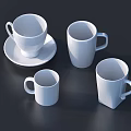 White Ceramic Cups Set Of Four With Saucer Various Shapes On Dark Background
