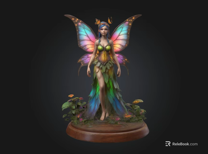 Fairy Statue With Butterfly Wings Green Blue Gradient Dress Decorative Headdress Base With Plants Butterflies 3d model 