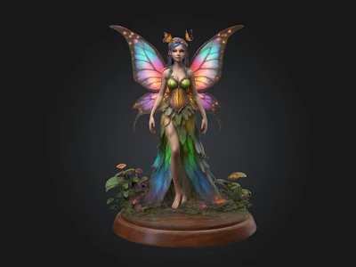 Fairy Statue With Butterfly Wings Green Blue Gradient Dress Decorative Headdress Base With Plants Butterflies 3d model