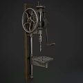 Vintage Industrial Manual Drill Press Machine With Metal Components Wooden Mounting Board And Foot Pedal