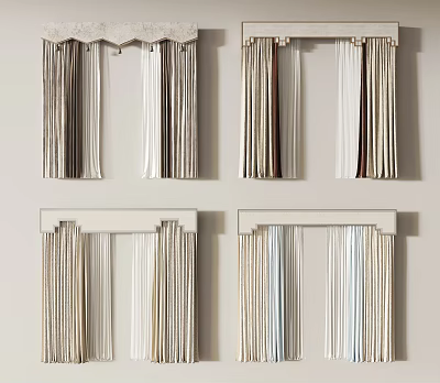 Various Stylish Window Curtains With Valance In Neutral Tones For Home Decor 3d model
