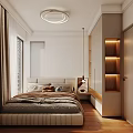 Modern Minimalist Living and Dining Room with Dark TV Stand Brown Bookshelf and Arched Doorway