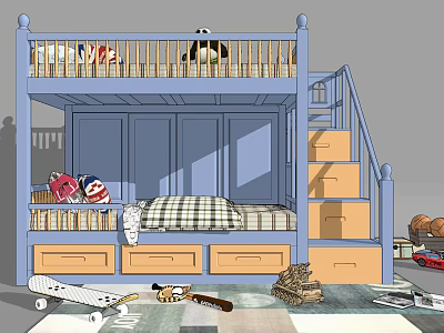 Blue Bunk Bed With Staircase Drawers Underbed Storage And Kids Toys 3d model
