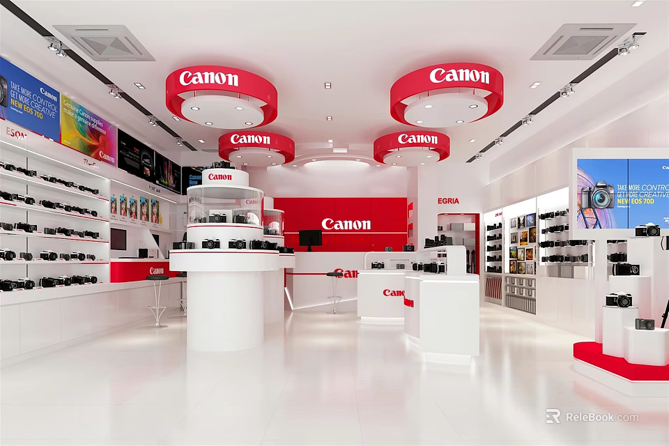Modern Canon Store Interior With Bright Displays Of Cameras And Lenses 3d model 