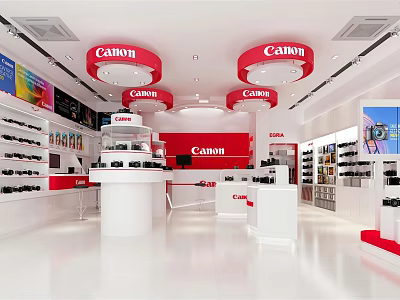 Modern Canon Store Interior With Bright Displays Of Cameras And Lenses 3d model