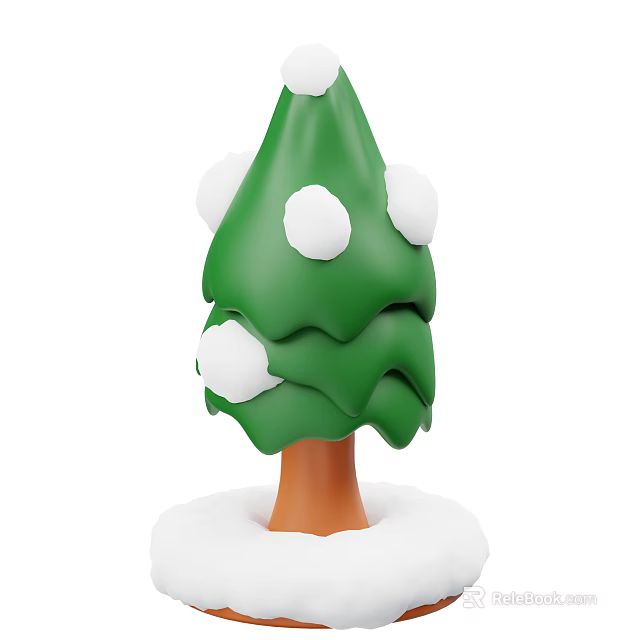 Green Tree with Brown Trunk and White Snowballs on White Snow Base Decoration 3d model 
