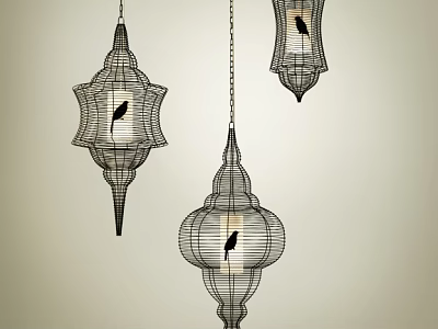 Black Metal Wire Frame Lantern Shaped Chandeliers With Small Bird Accents Hanging Against Light Wall 3d model